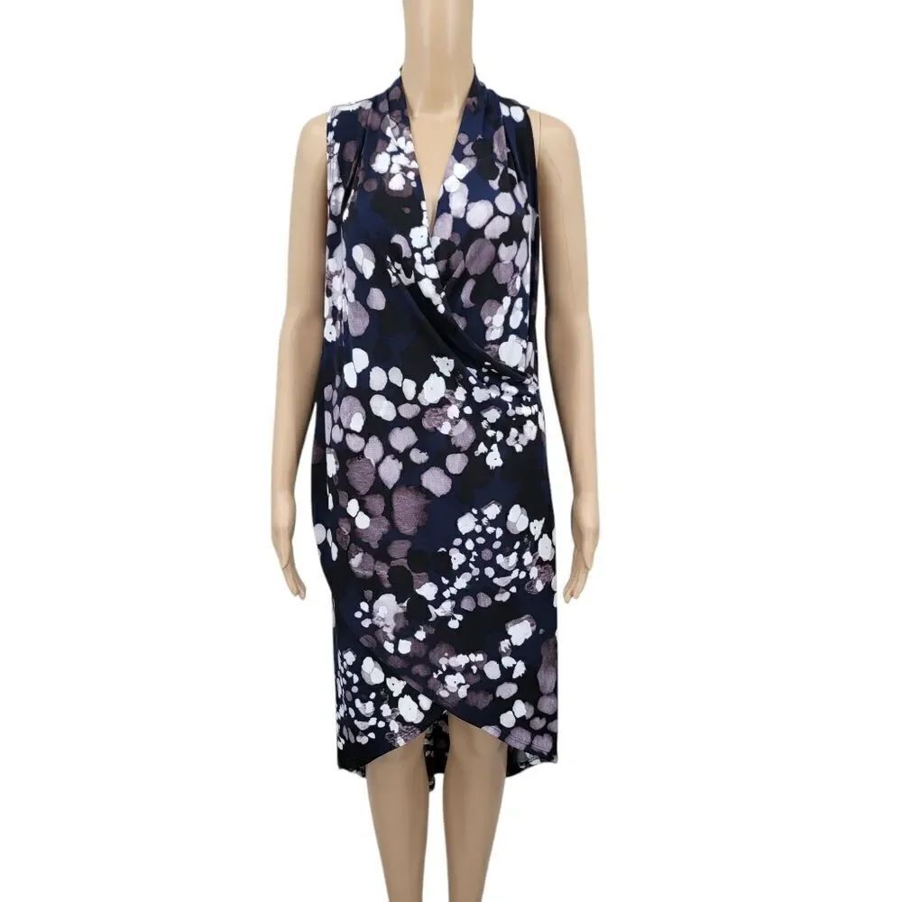 Clara Sun Woo Sleeveless Black and Smokey PurpleโFaux Wrap Midi Shift Dress